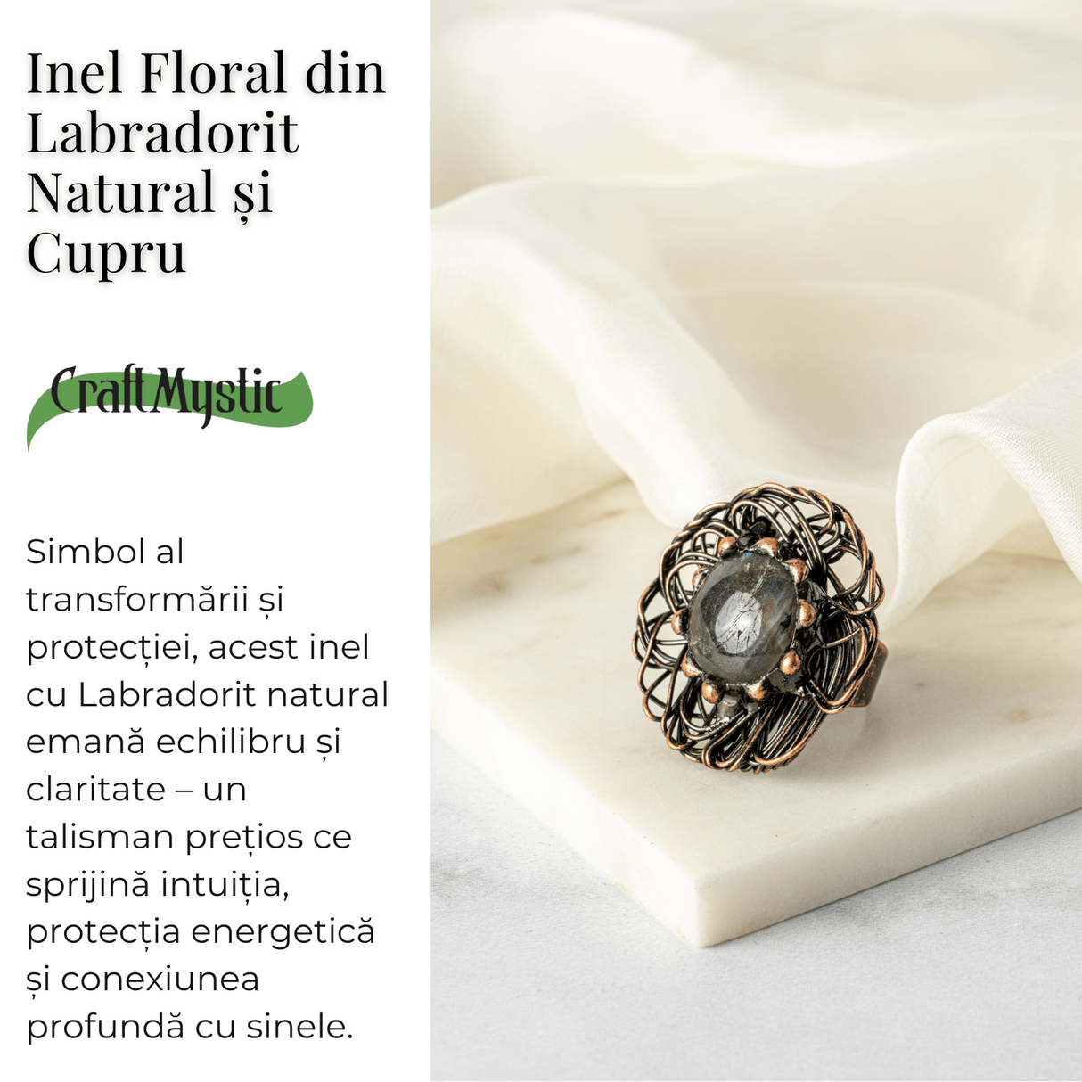 Inel Floral din Cupru cu Labradorit Natural - Talisman al Transformarii si Protectiei Interioare