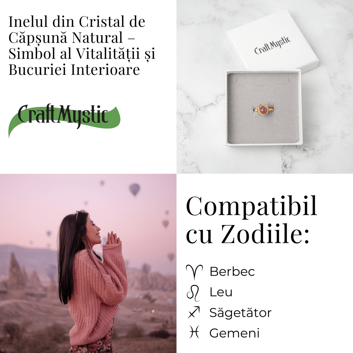 Inel cu Cristal de Capsuna Natural si Cupru - Simbol al Vitalitatii si Bucuriei Interioare