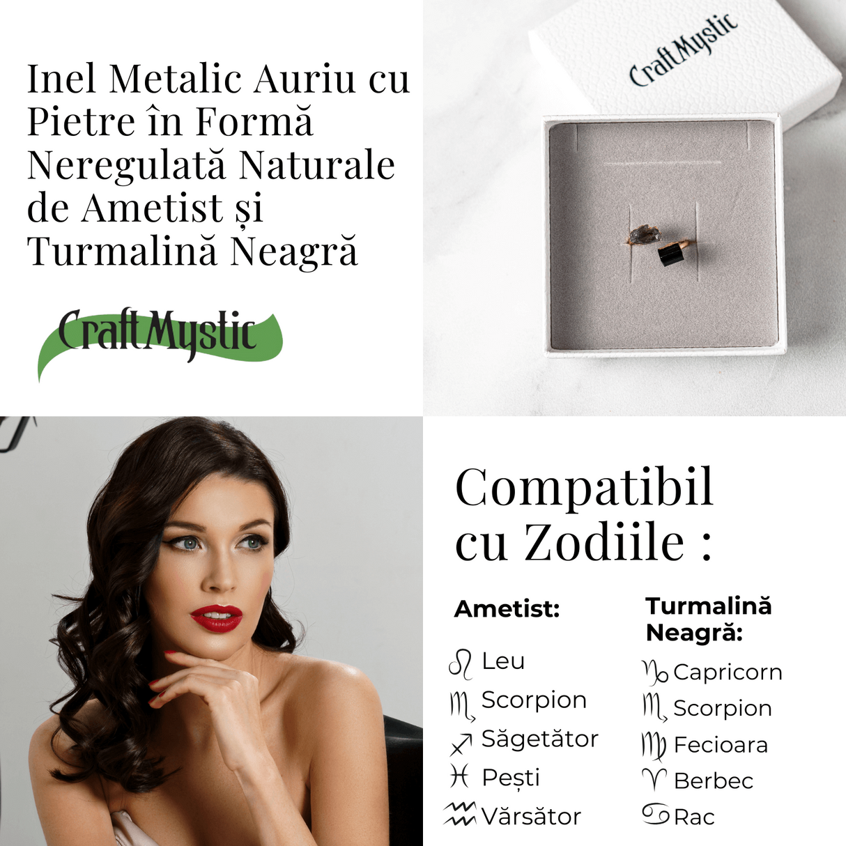 Inel reglabil cu Ametist si Turmalina - Echilibru si Energie Pozitiva