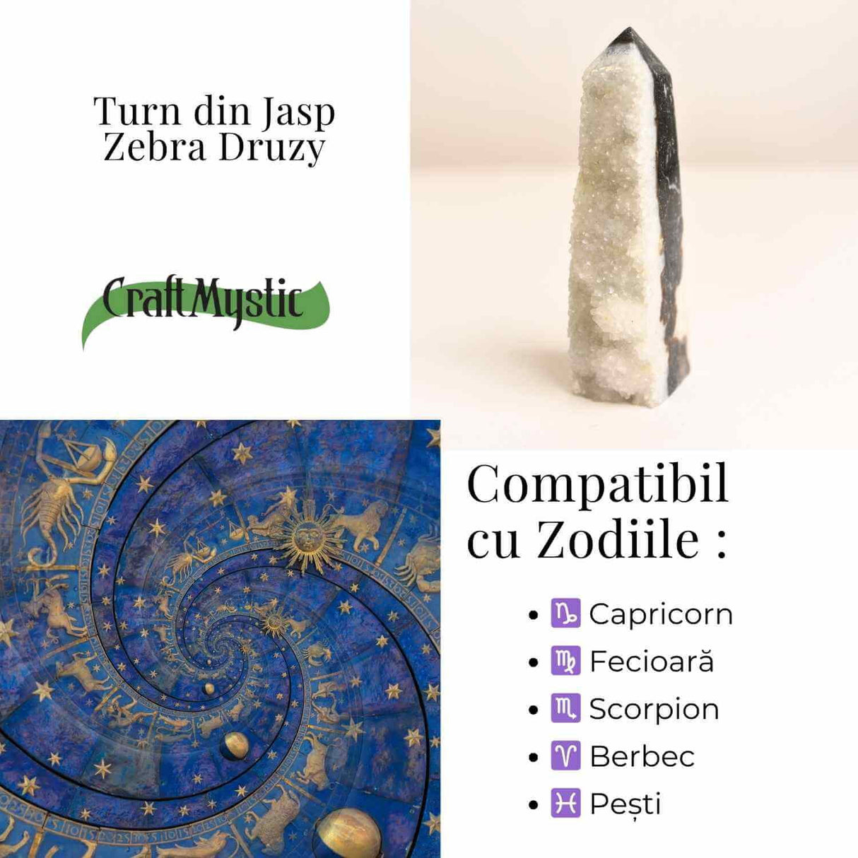 Turn din Jasp Zebra cu Druzy - Echilibru intre lumina si umbra