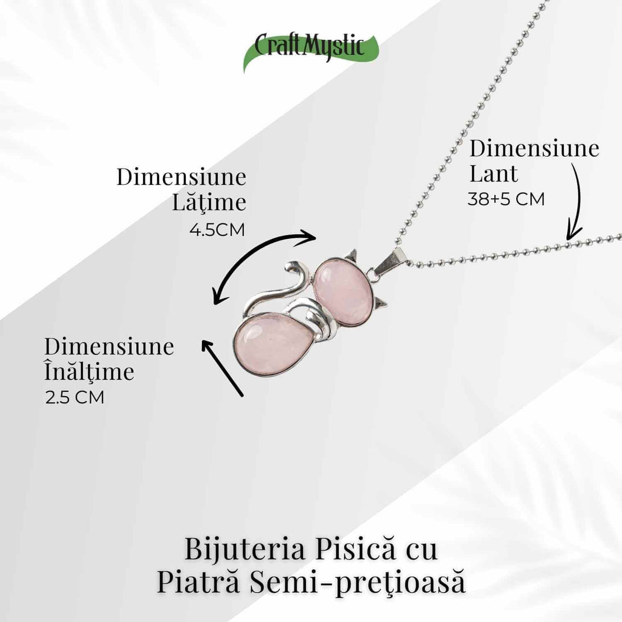 Iubire si Armonie - Colier Pisica din Otel Inoxidabil cu Cuart Roz