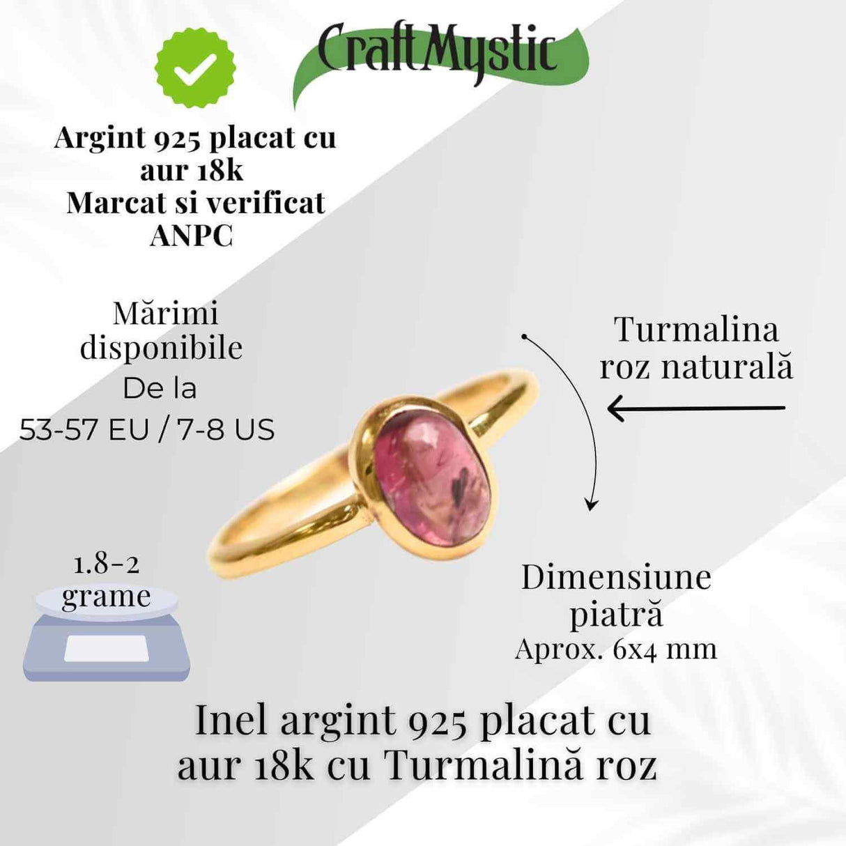 Inel argint 925 placat cu aur 18k cu turmalina roz ovala - piatra iubirii, armoniei si compasiunii
