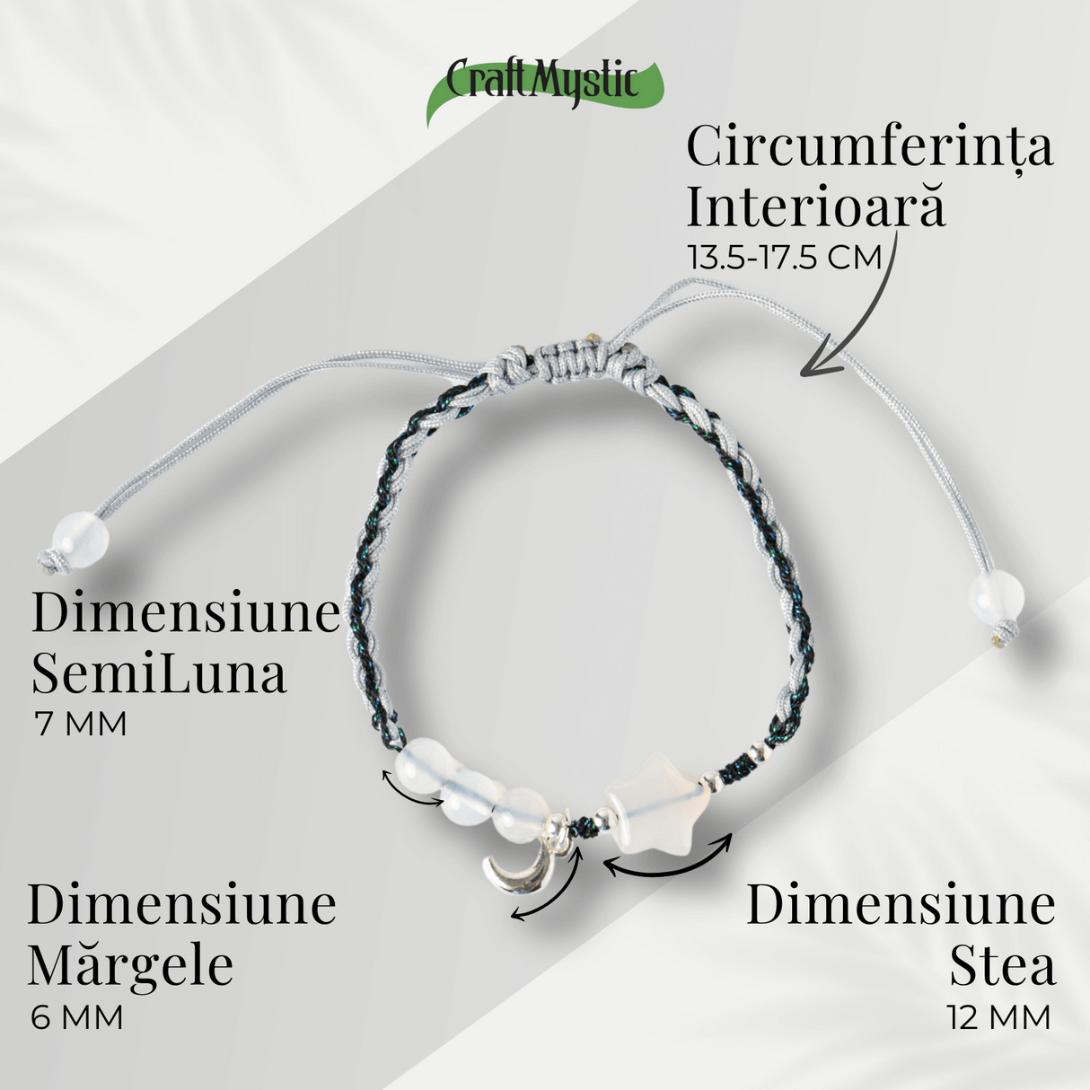 Bratara ajustabila cu stea si semiluna din Agat gri natural - Talisman al protectiei si echilibrului
