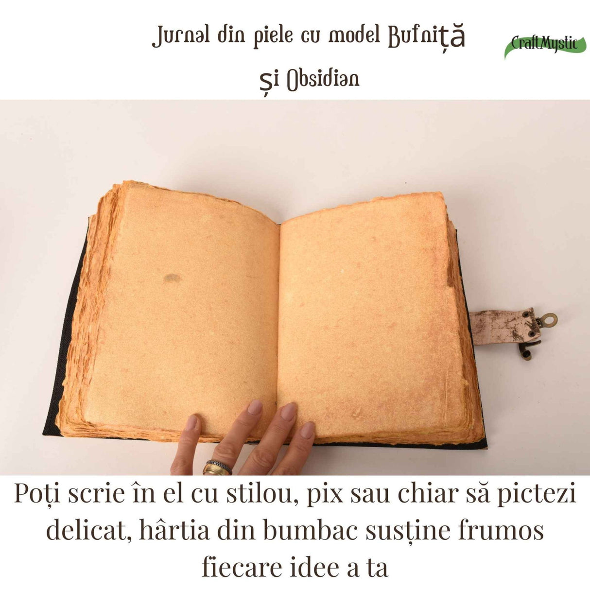 Jurnal din piele naturala cu Bufnita si Obsidian 20x15 cm – Protectie si Claritate Interioara