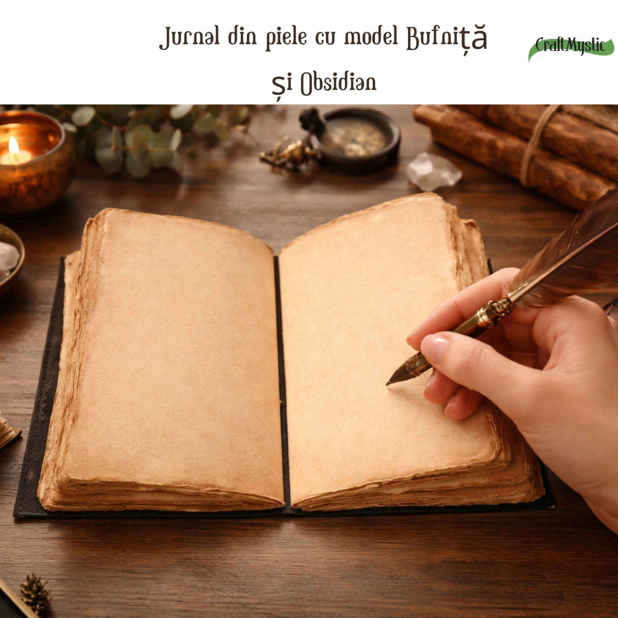 Jurnal din piele naturala cu Bufnita si Obsidian 20x15 cm – Protectie si Claritate Interioara