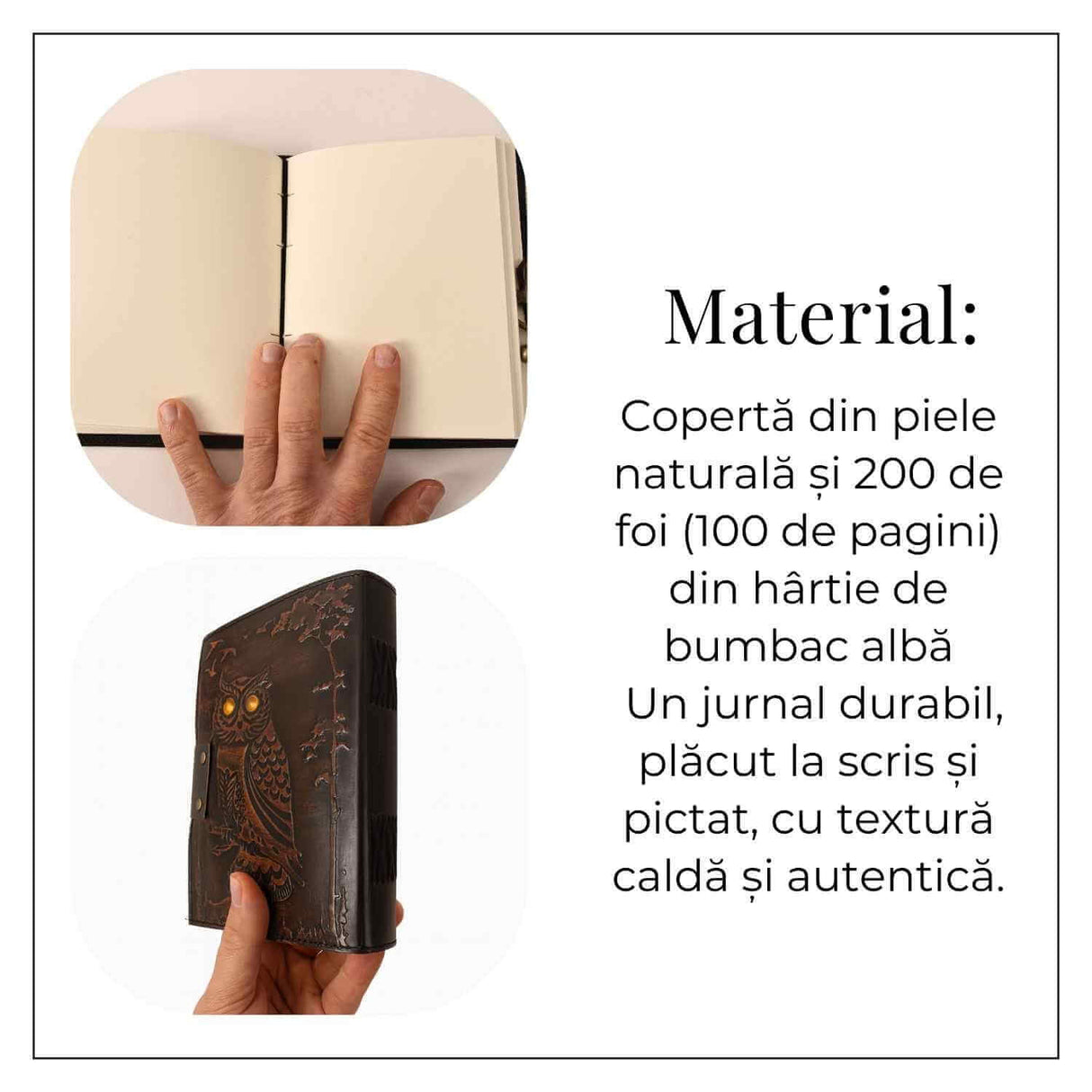 Jurnal din Piele Naturala cu Bufnita si Piatra Decorativa Galbena