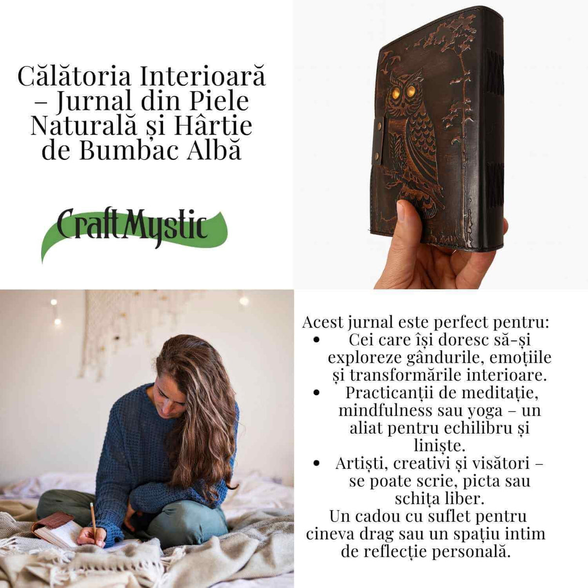 Jurnal din Piele Naturala cu Bufnita si Piatra Decorativa Galbena