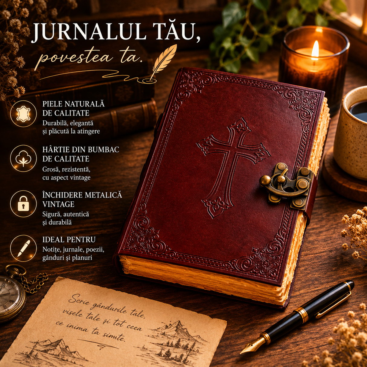 Jurnal din Piele Naturala cu Cruce Embosata – Eleganta Vintage si Inspiratie Zilnica