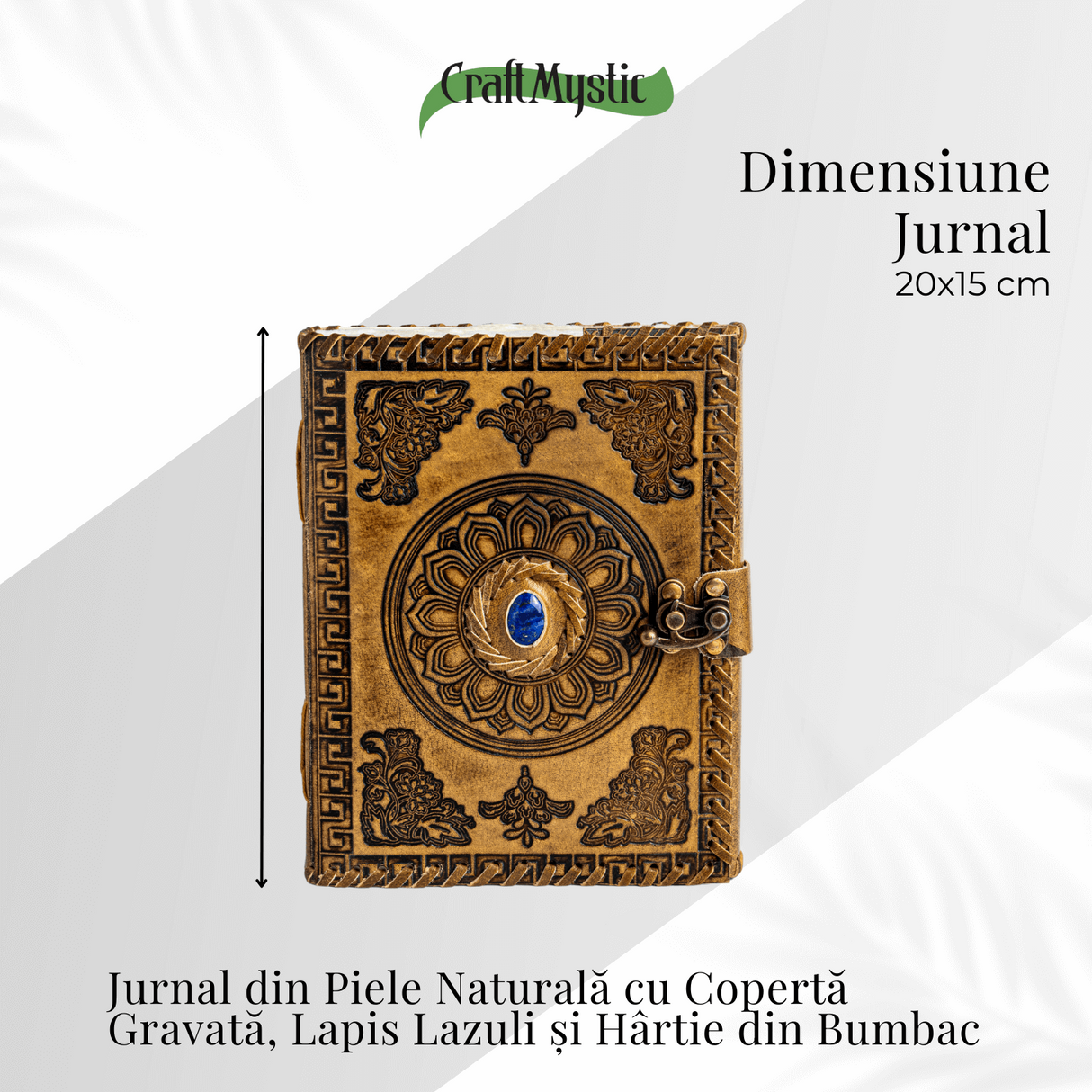 Jurnal din piela naturala autentic cu coperta gravata si piatra naturala Lapis Lazuli si hartie bumbac alba