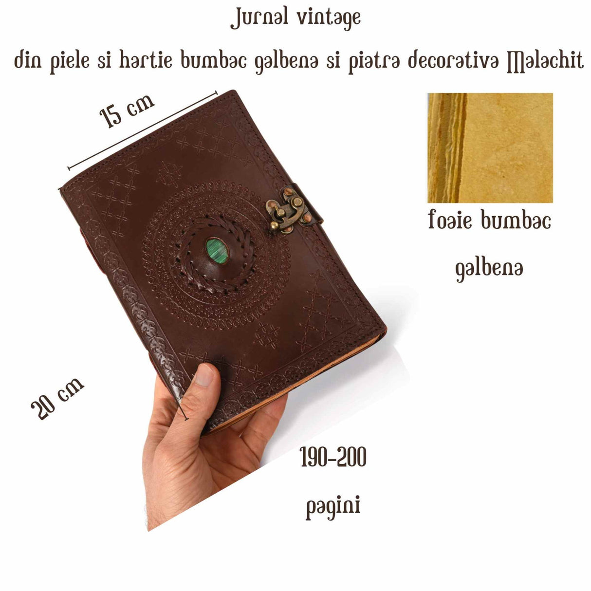 Jurnal vintage „Sigiliul Timpului” din piele naturala cu hartie din bumbac galbena si piatra decorativa Malachit 20x15 cm
