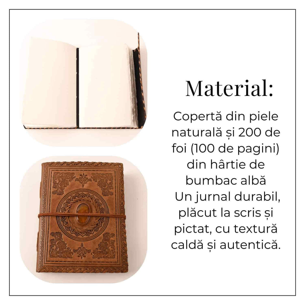 Jurnal Piele Naturala cu Cristal Galben si Hartie din Bumbac – Mandala Vintage