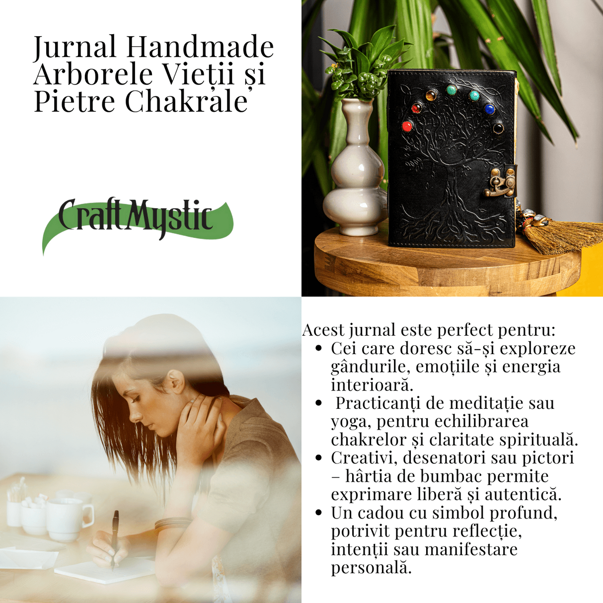 Jurnal Vintage Negru cu Arborele Vietii si 7 Pietre Chakre - Handmade, Piele Naturala