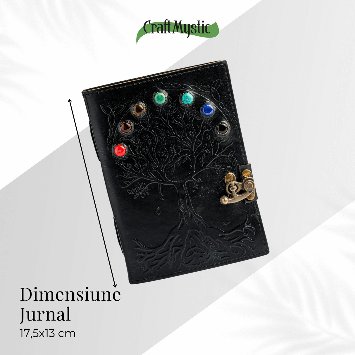 Jurnal Vintage Negru cu Arborele Vietii si 7 Pietre Chakre - Handmade, Piele Naturala