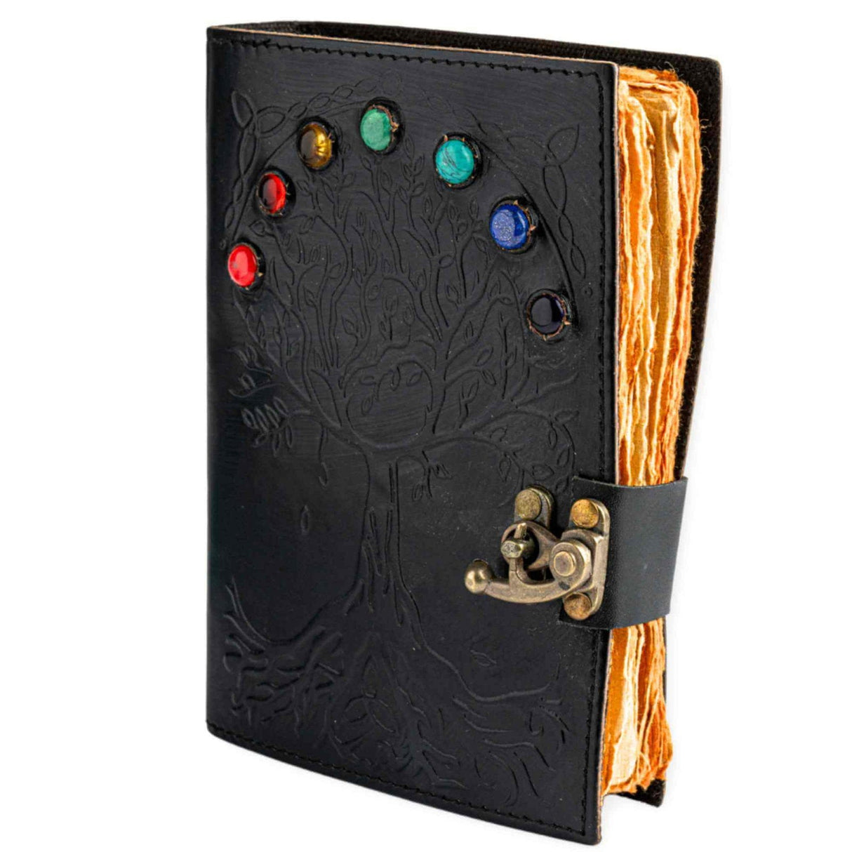 Pachet Mistic de Protectie - Jurnal Vintage "Book of Shadow" cu 7 Pietre Chakre, Colier Obsidian in Forma de Cruce & Bratara Tripla Protectie (Ametist, Hematit, Obsidian)