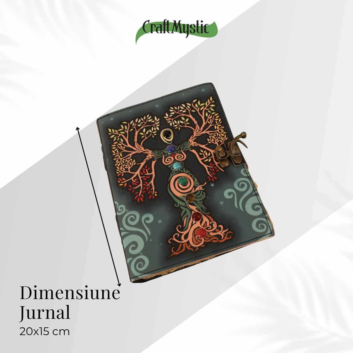 Jurnal vintage pentru magie model "Book of Shadow" cu 7 pietre pentru cele 7 chakre - Jurnal cu inchidere cu lacat, handmade din piele vintage 20x15 cm