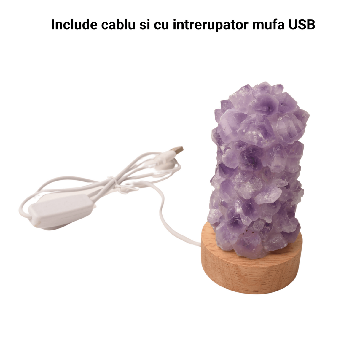 Mini Lampa Decorativa 11 cm cu Cristale de Ametist si Baza LED USB Ideala pentru Masa de Noptiera
