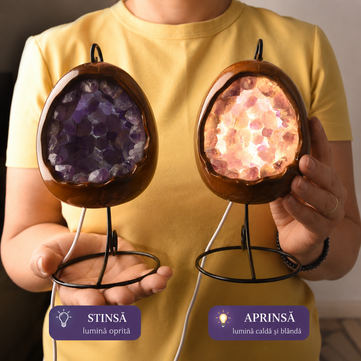 Lampa cu Ametist Natural Forma de Ou dinozaur – Armonie, Claritate si Relaxare