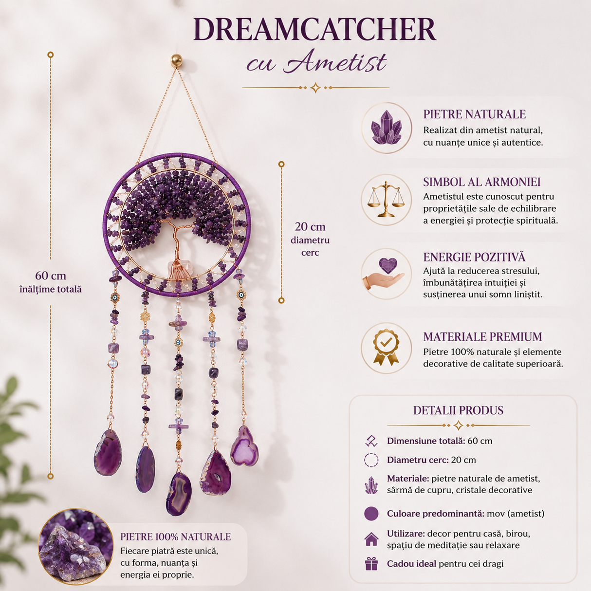 Dreamcatcher Arborele Vietii cu Ametist – Protectie Spirituala si Claritate Mentala