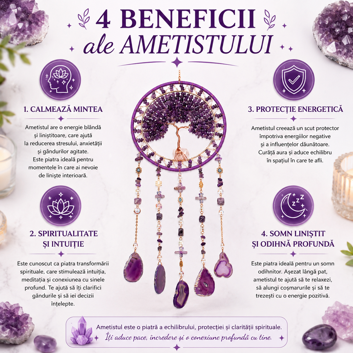 Dreamcatcher Arborele Vietii cu Ametist – Protectie Spirituala si Claritate Mentala
