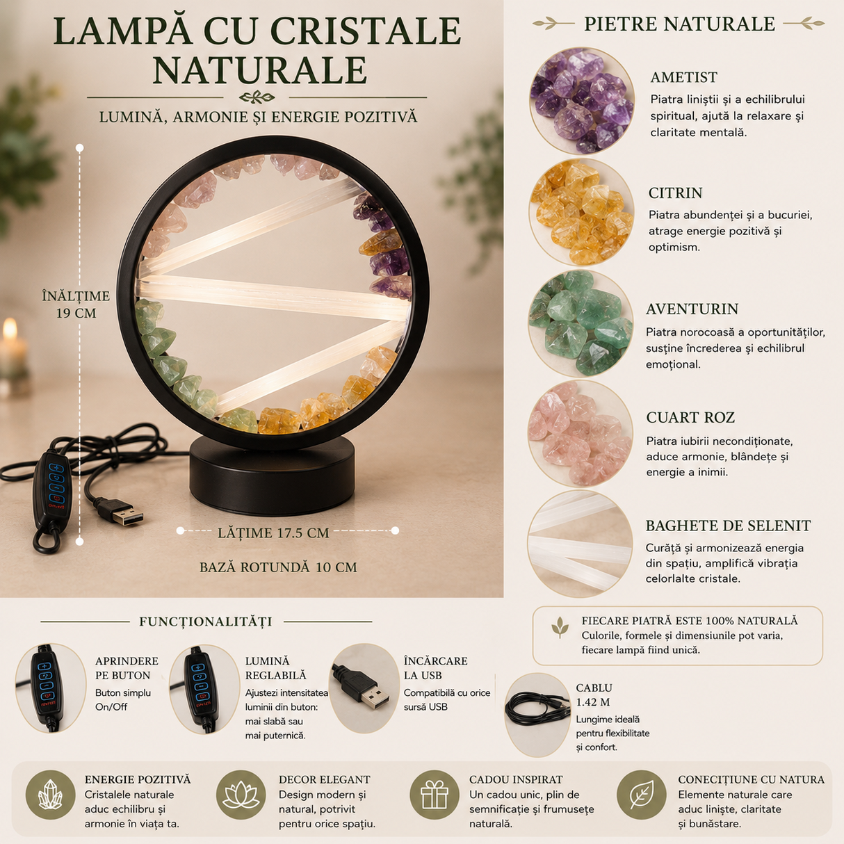 Lampă cu Citrin, Aventurin Verde, Ametist, Cuart Roz si Selenit – Armonie si Energie Pozitiva