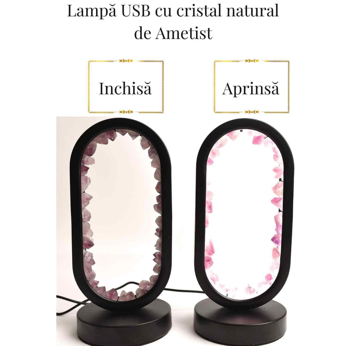 Lampa de noapte ovala cu cristale ametist brut – Lumina calmanta si protectie energetica