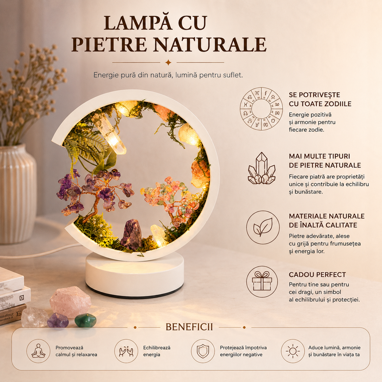Lampa Rotunda cu Pietre Naturale – Armonie, Echilibru si Energie Pozitiva