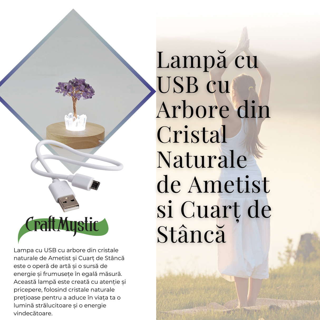 Mini Lampa de Noapte cu Arbore din Ametist Natural - Decoratiune de Birou cu Cristal Alb, Ideala pentru Dormitor si Decor Acasa