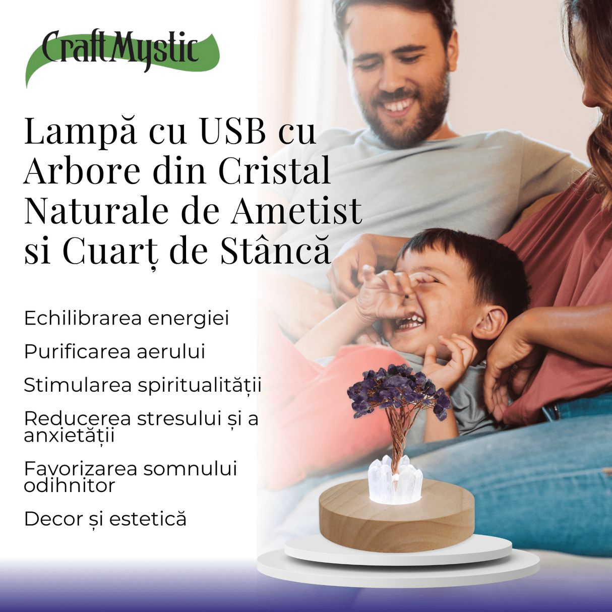Mini Lampa de Noapte cu Arbore din Ametist Natural - Decoratiune de Birou cu Cristal Alb, Ideala pentru Dormitor si Decor Acasa