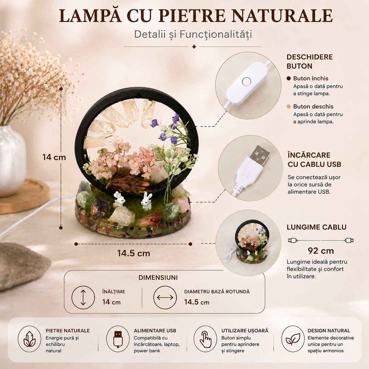 Lampa cu Cristale Naturale Rotunda – Armonie, Energie Pozitiva si Decor Elegant