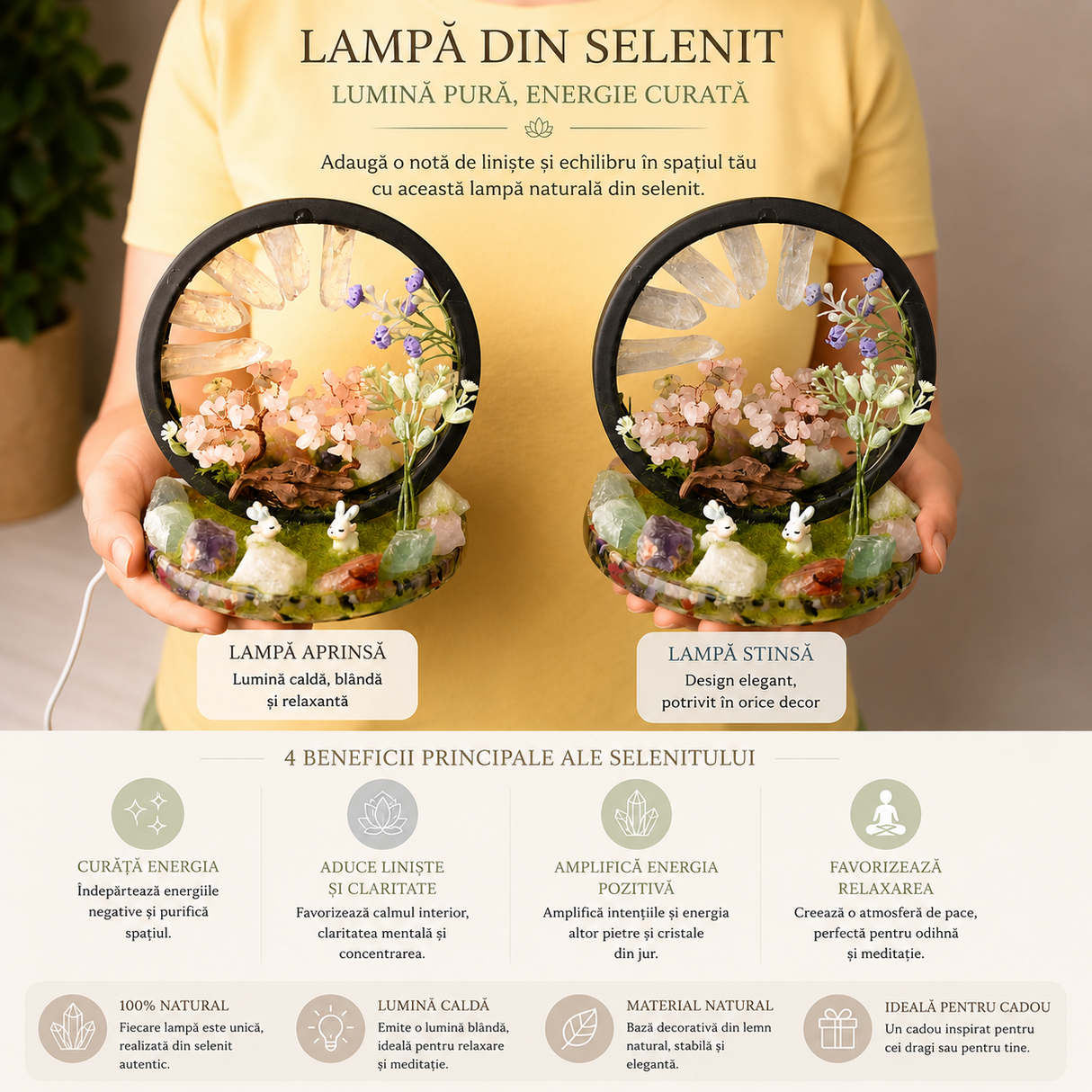 Lampa cu Cristale Naturale Rotunda – Armonie, Energie Pozitiva si Decor Elegant