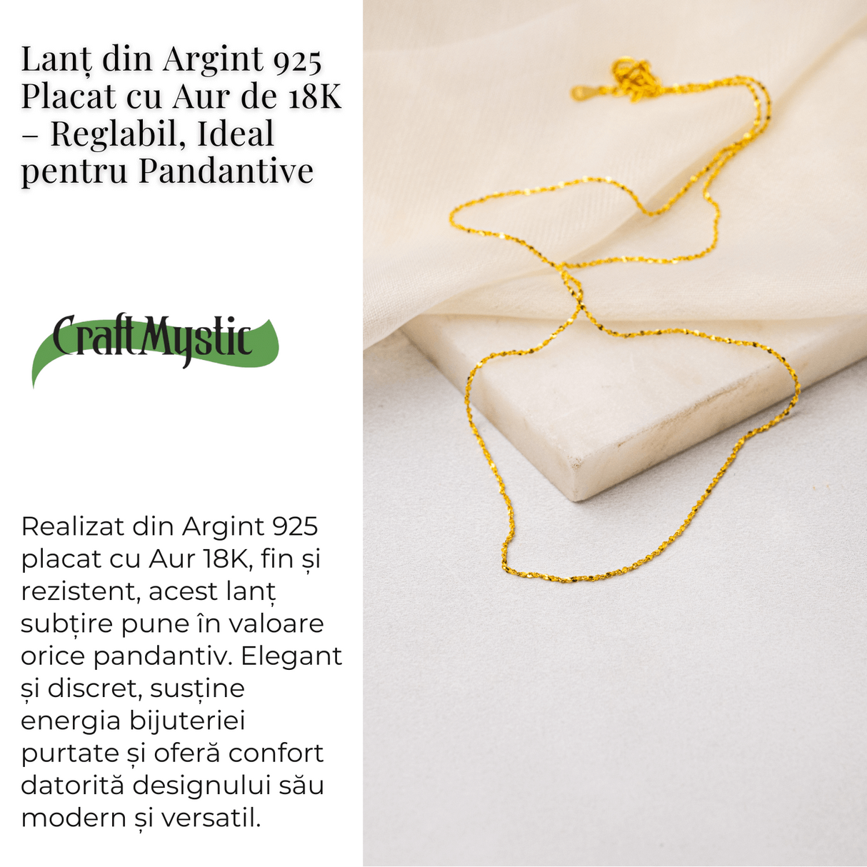 Lant din Argint 925 Placat cu Aur 18K - Subtire, Stralucitor, Reglabil