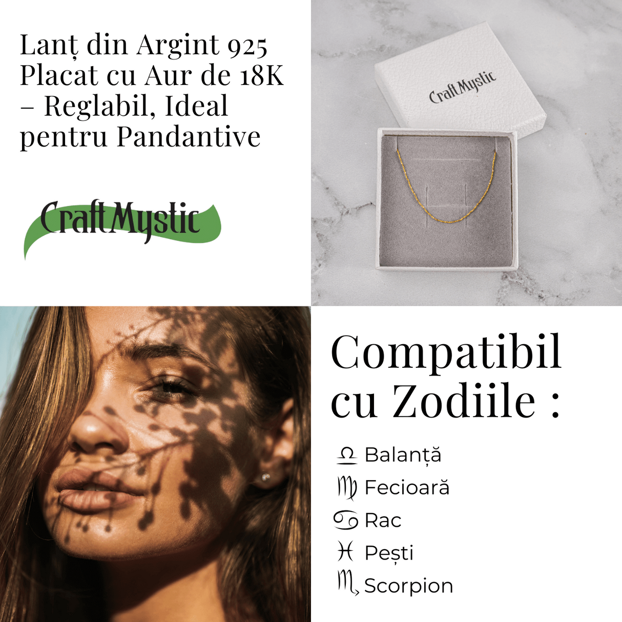 Lant din Argint 925 Placat cu Aur 18K - Subtire, Stralucitor, Reglabil