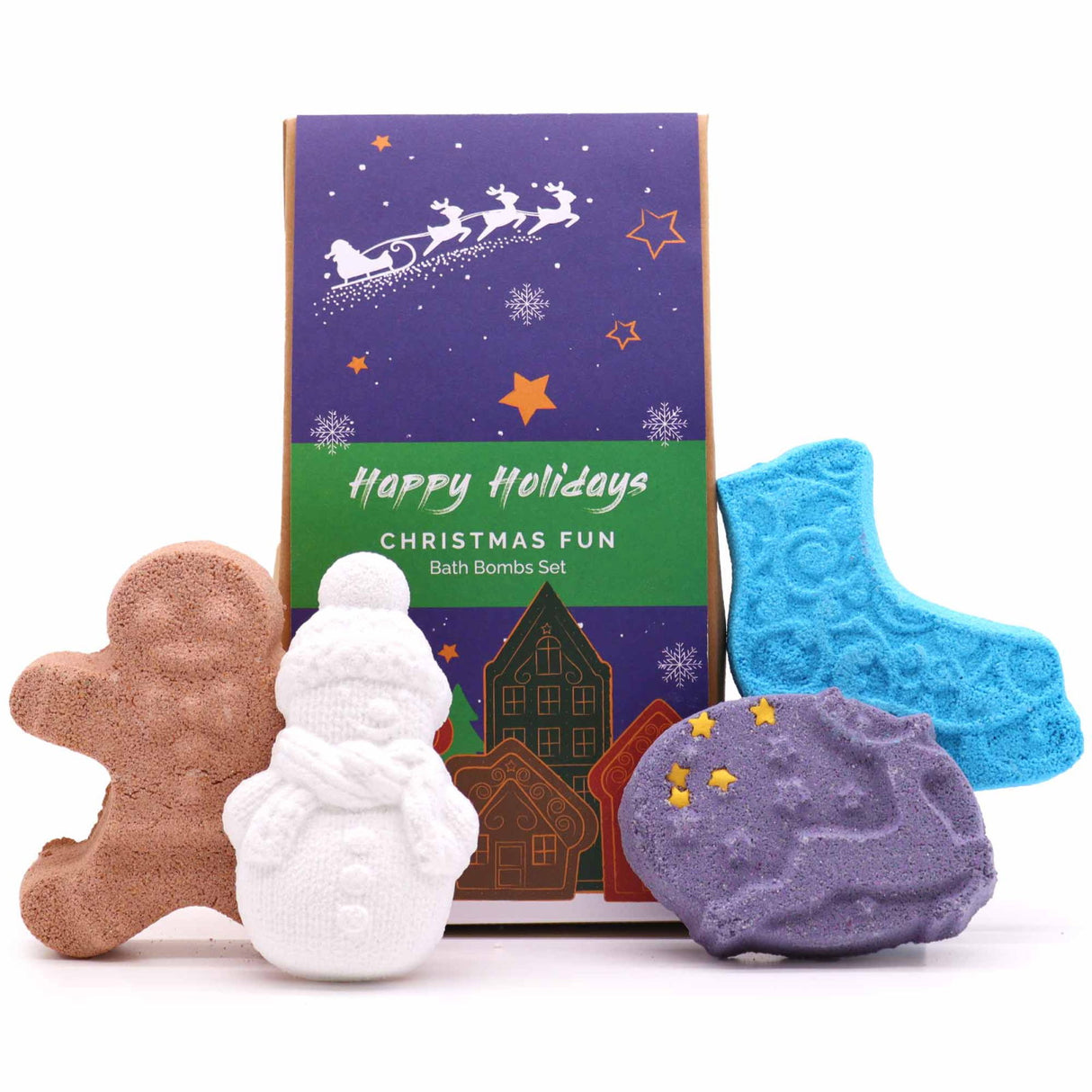Set bombe de baie Christmas Fun - 4 piese (Gingerbread, Patina, Om de zapada, Ren) - cadoul perfect de Craciun