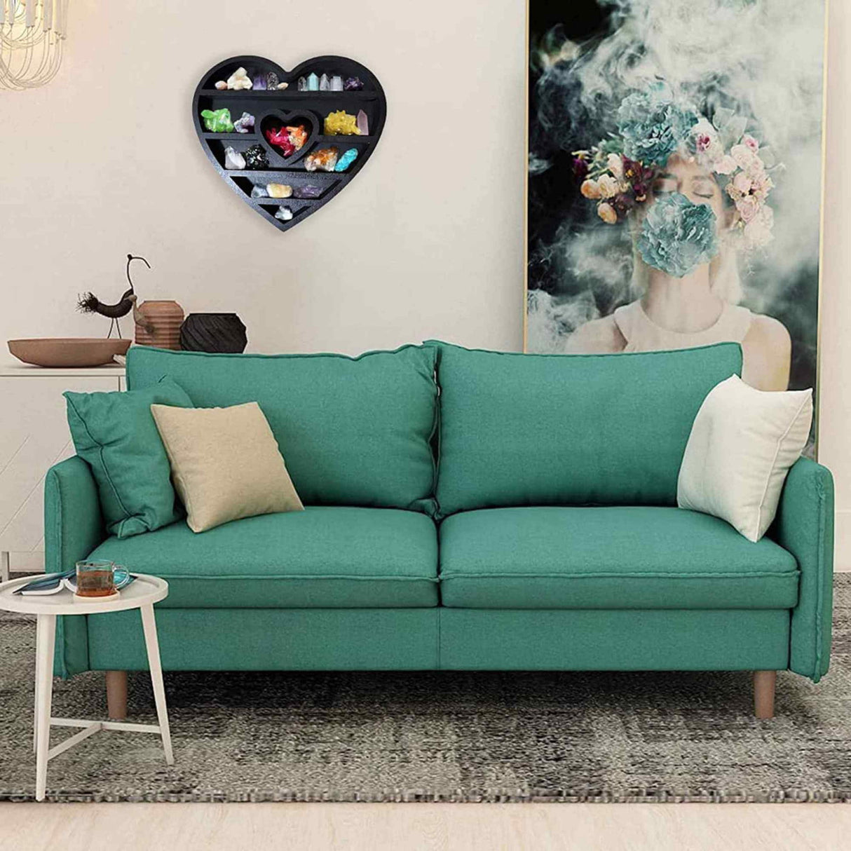 Mini Raft 30x30 cm expunere din lemn pentru cristale, uleiuri esentiale design inima - Decor pentru camera cu forma inima