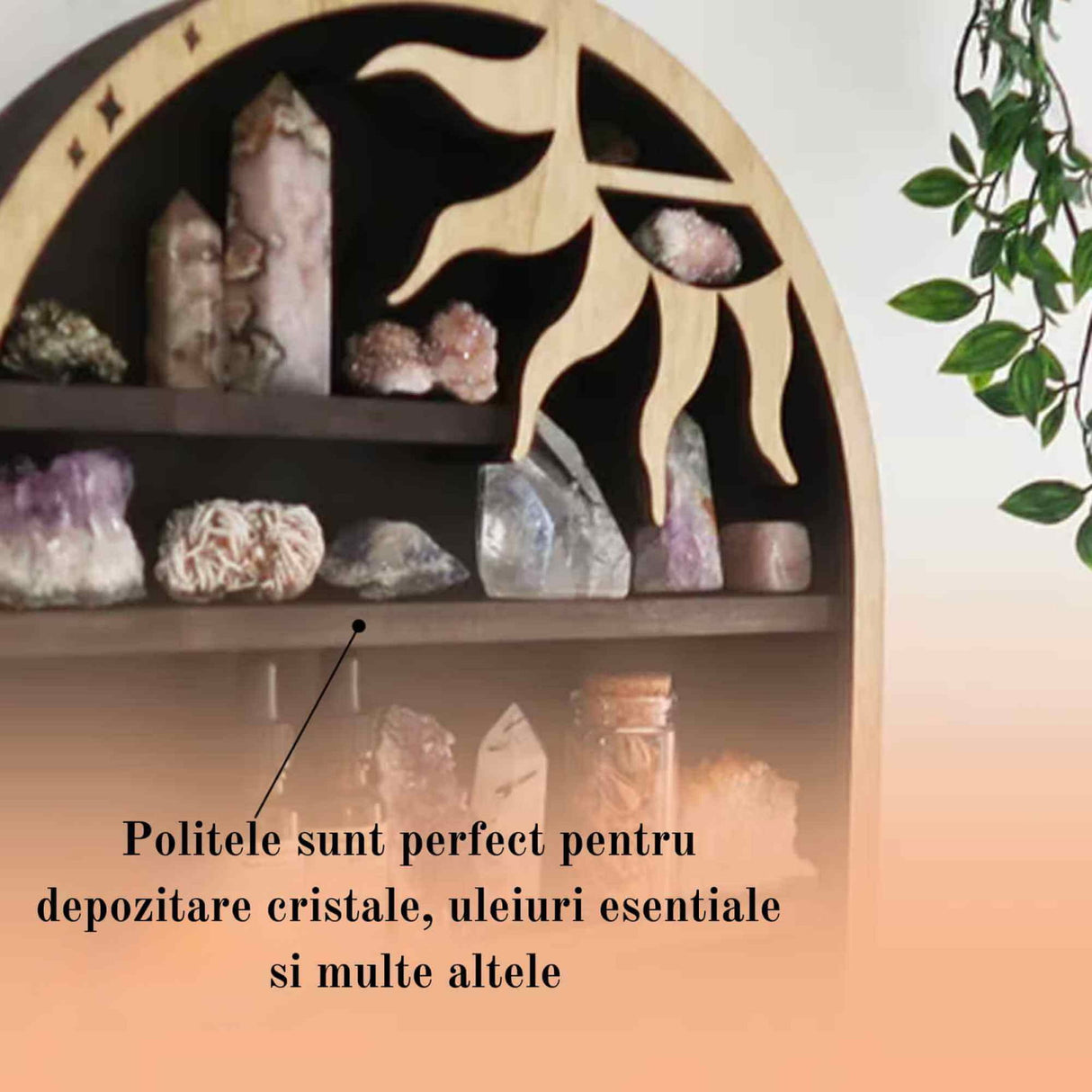 Mini Raft 45x35 cm expunere din lemn pentru cristale, uleiuri esentiale design Soare si Luna - Decorare gotica pentru camera