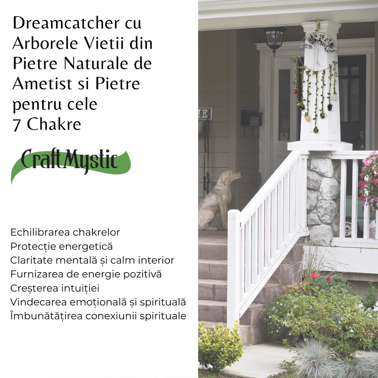 Dreamcatcher cu 7 tipuri de Cristale pentru cele 7 Chakre si Model Arborele Vietii