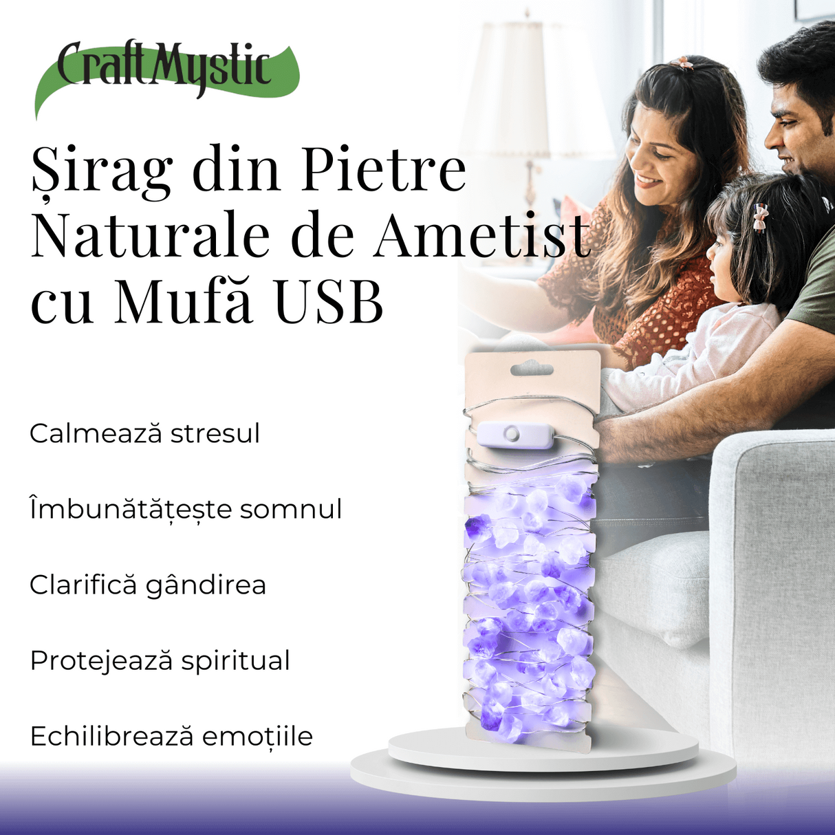 Sirag din Pietre Naturale de Ametist 15-20 mm cu Mufa USB