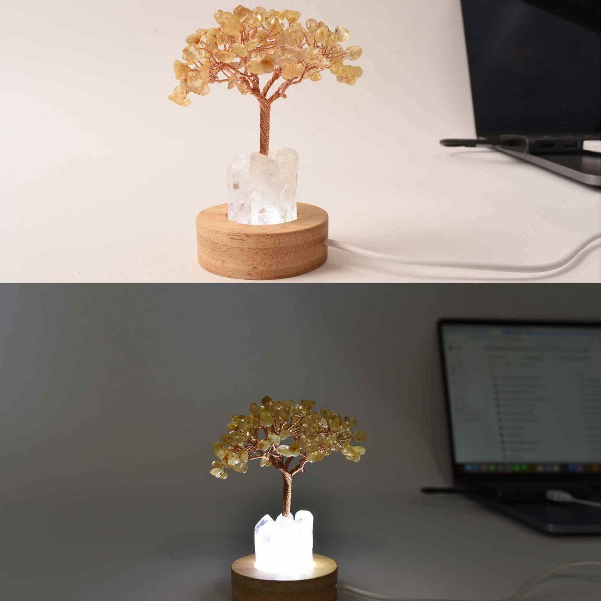 Mini Lampa Copacel 10 cm de Citrin si Cuart de Stanca cu USB - Amplifica Energia Pozitiva si Prosperitatea