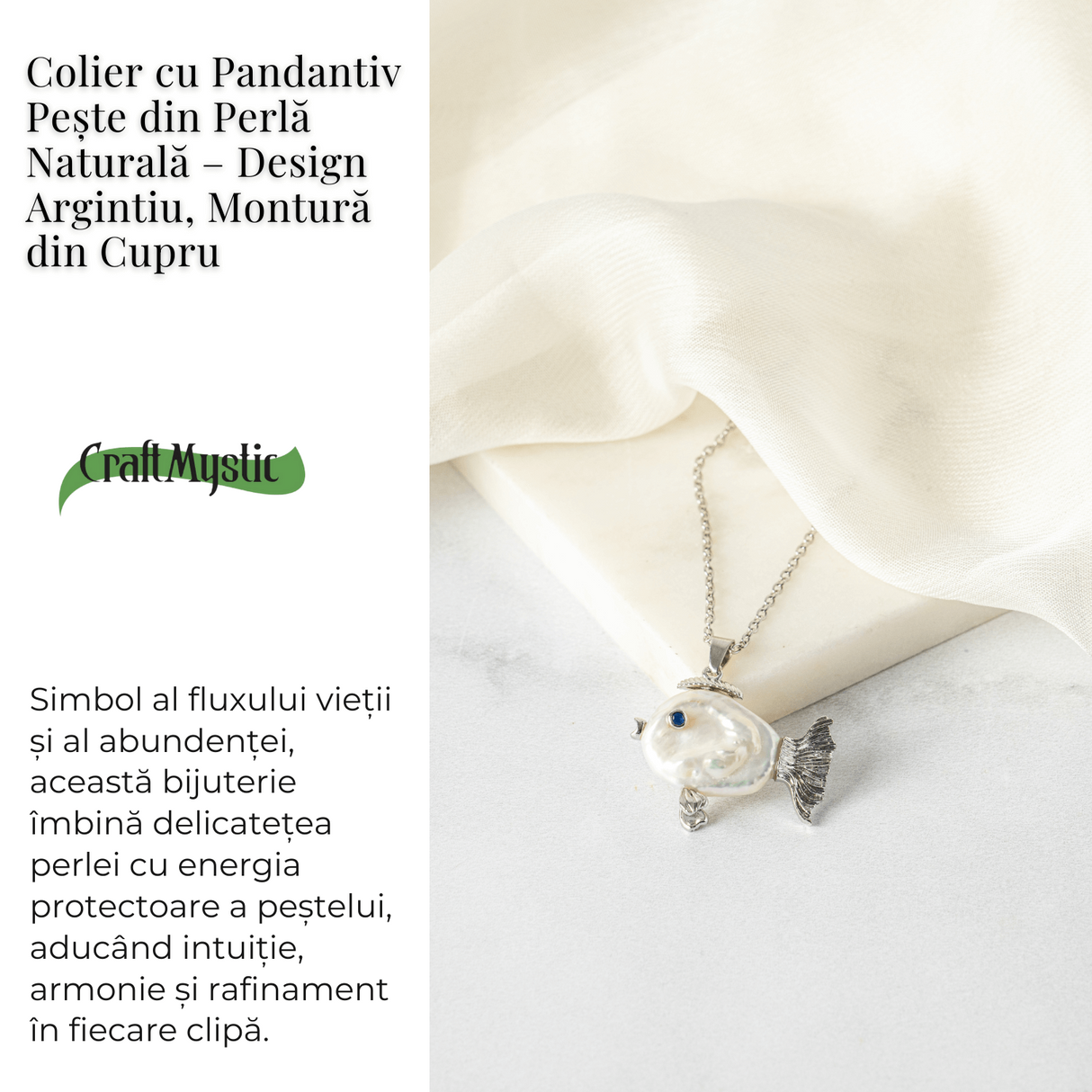 Echilibru si Puritate - Colier Peste cu Perla Naturala, Placat Argintiu