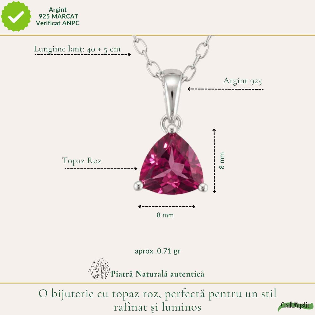 Colier argint 925 cu Topaz Roz forma de triunghi – Iubire si echilibru emotional