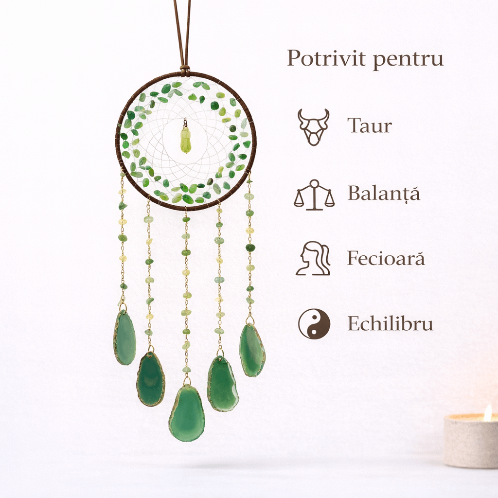 Dreamcatcher cu aventurin verde si felii agat, un cerc al sperantei si al echilibrului natural