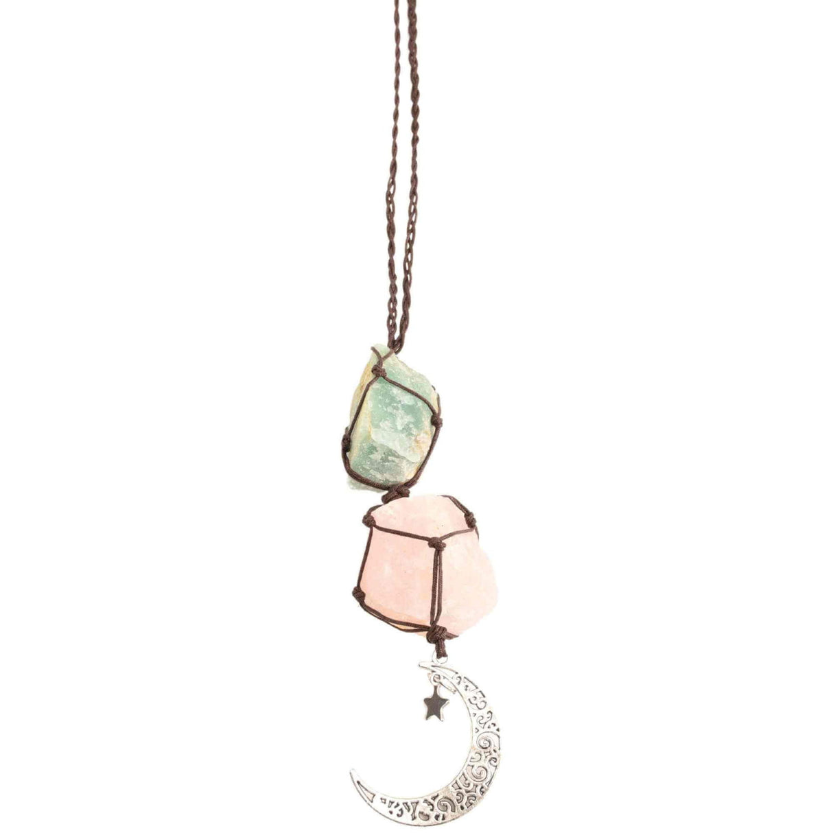 Ornament de agatat cu cristale vindecatoare Cuart Roz si Amazonit, accesorii sub forma de semiluna si steluta Decor feng shui pentru oglinda masinii, casa si birou