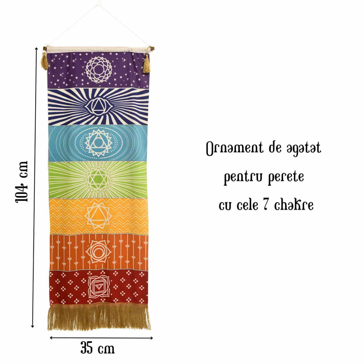 Tapiserie Chakra pentru Meditatie si Yoga cu Franjuri - Design 7 chakre, 104 x 35 cm - Decor pentru Pereti si Spatii Spirituale