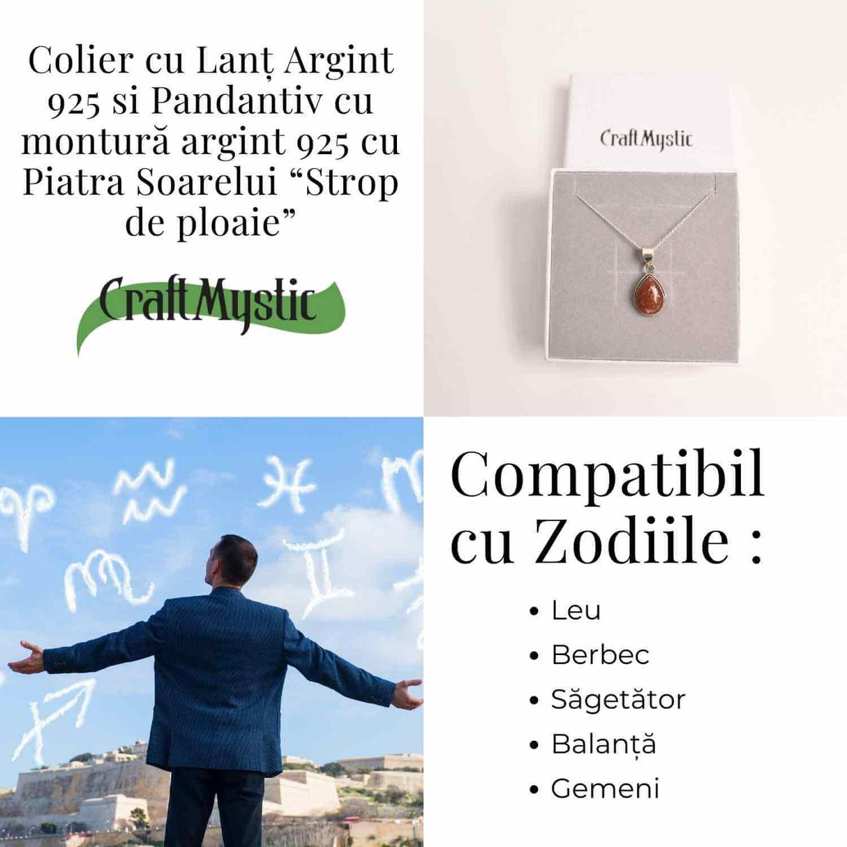 Colier cu Piatra Soarelui Strop de Ploaie, Argint 925, Energie Pozitiva