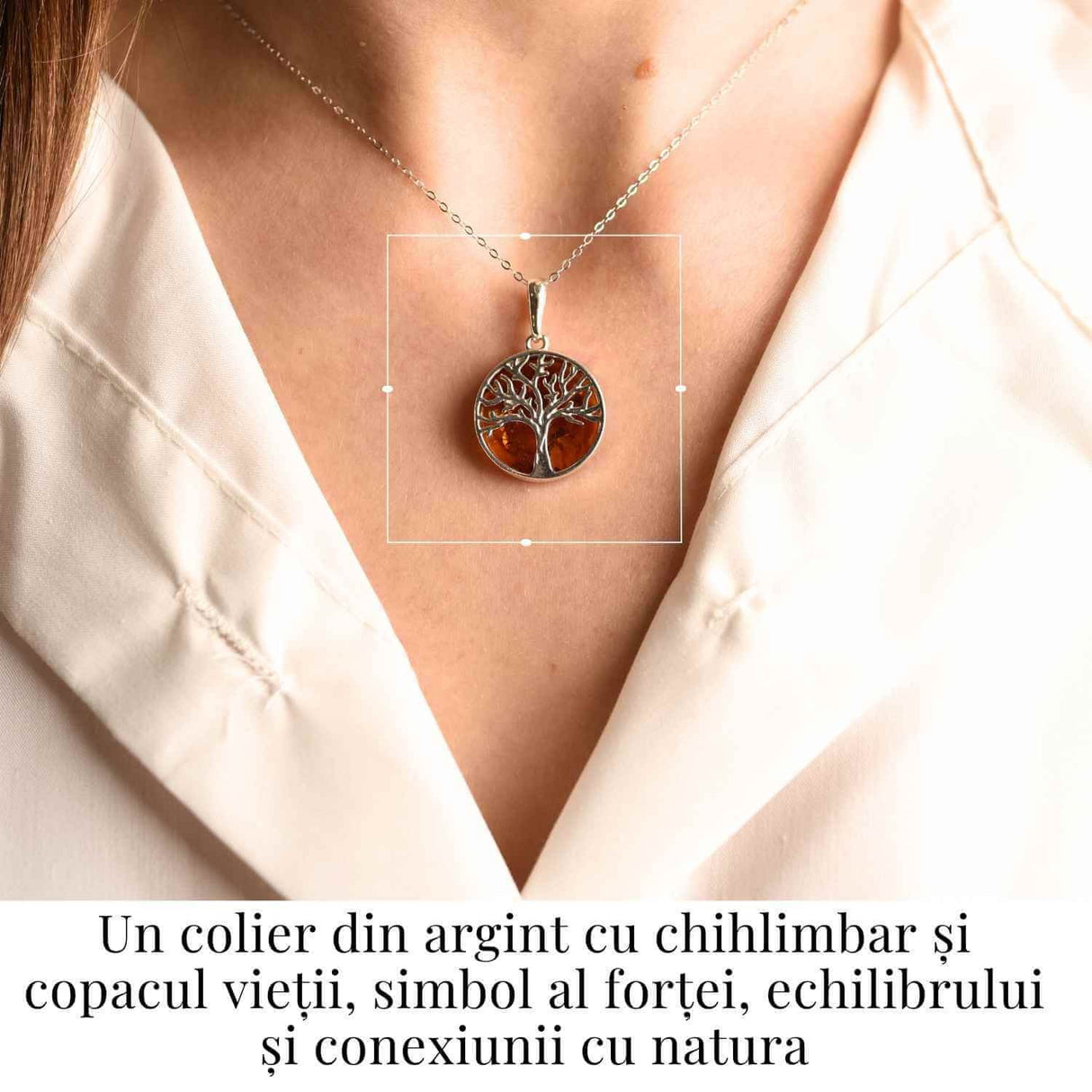 Colier argint 925 cu chihlimbar natural - copacul vietii rotund