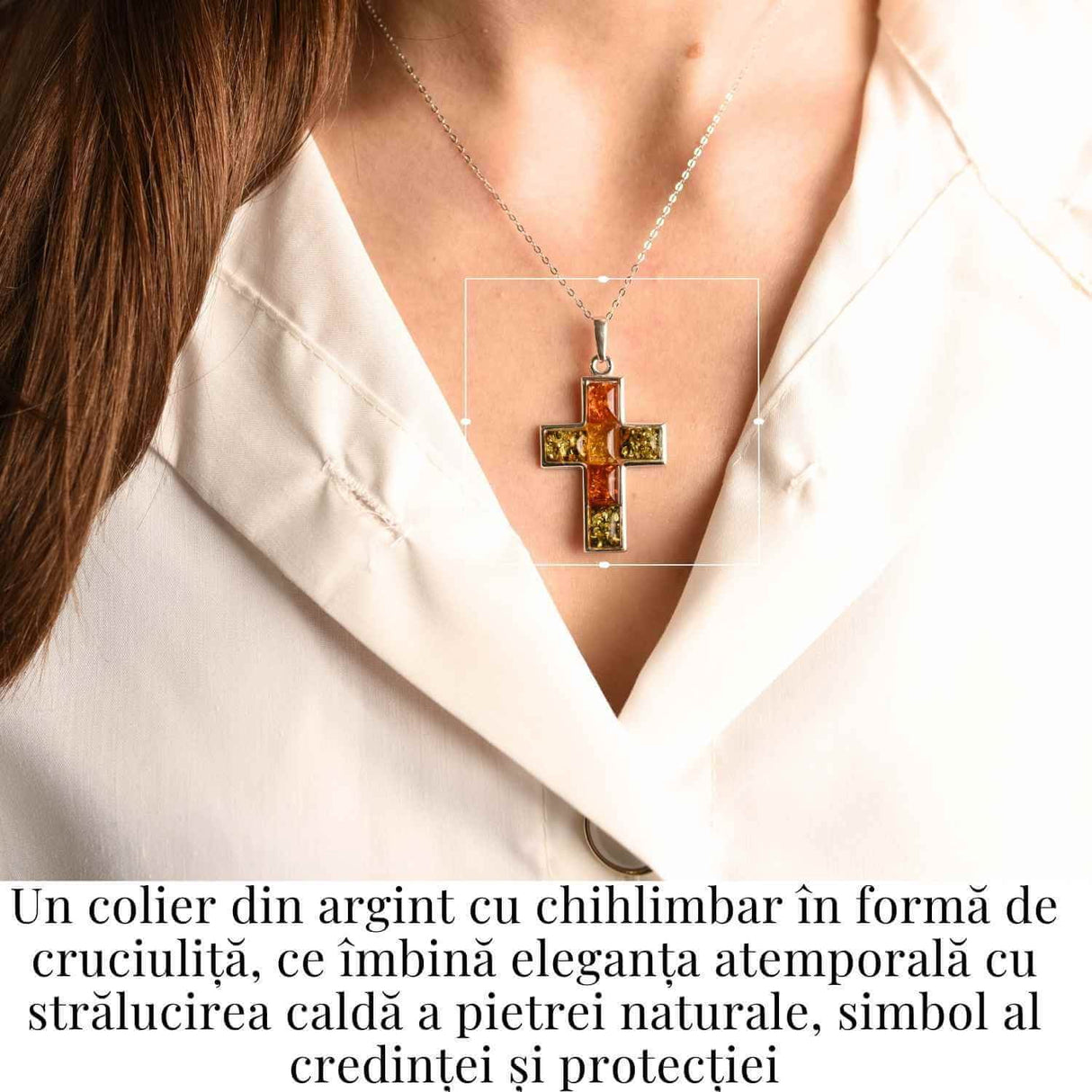 Colier argint 925 cu chihlimbar natural - crucea protectiei