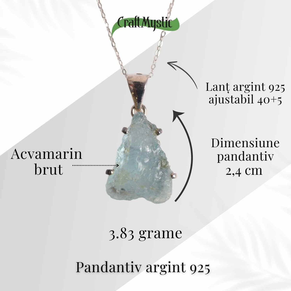 Colier Argint 925 cu Acvamarin Brut 3.00gr - Liniste Interioara si Claritate