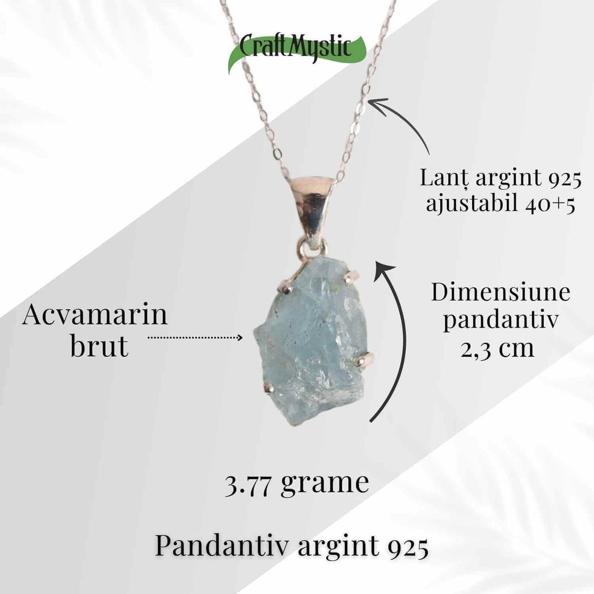 Colier Argint 925 cu Acvamarin Brut 3.00gr - Liniste Interioara si Claritate