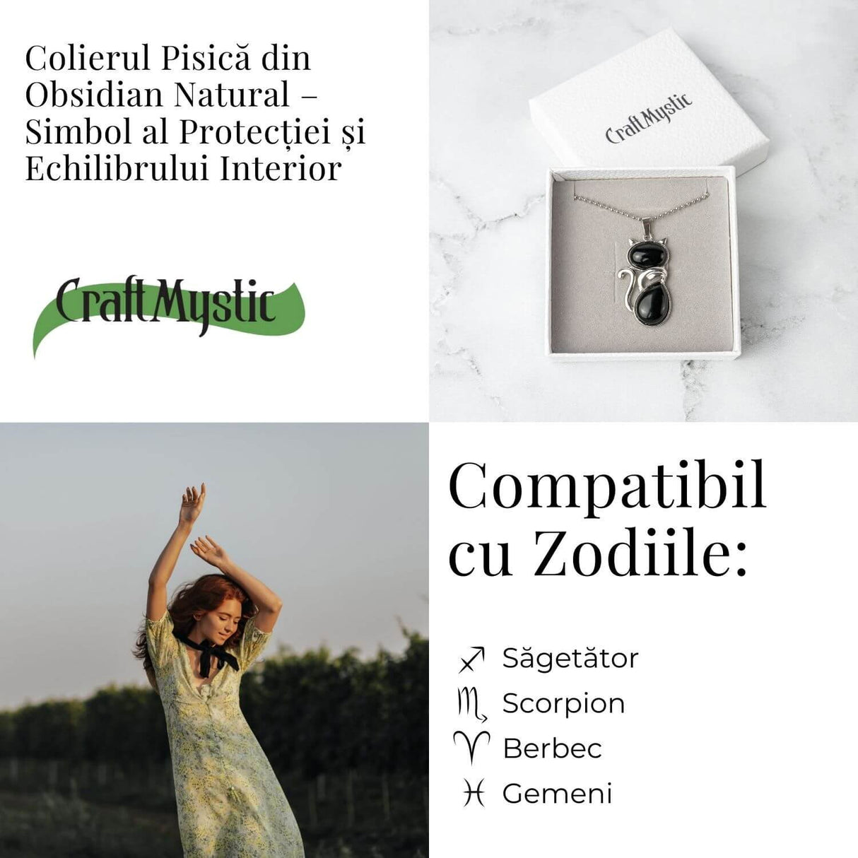 Protectie si Echilibru - Colier Pisica din Otel Inoxidabil cu Obsidian