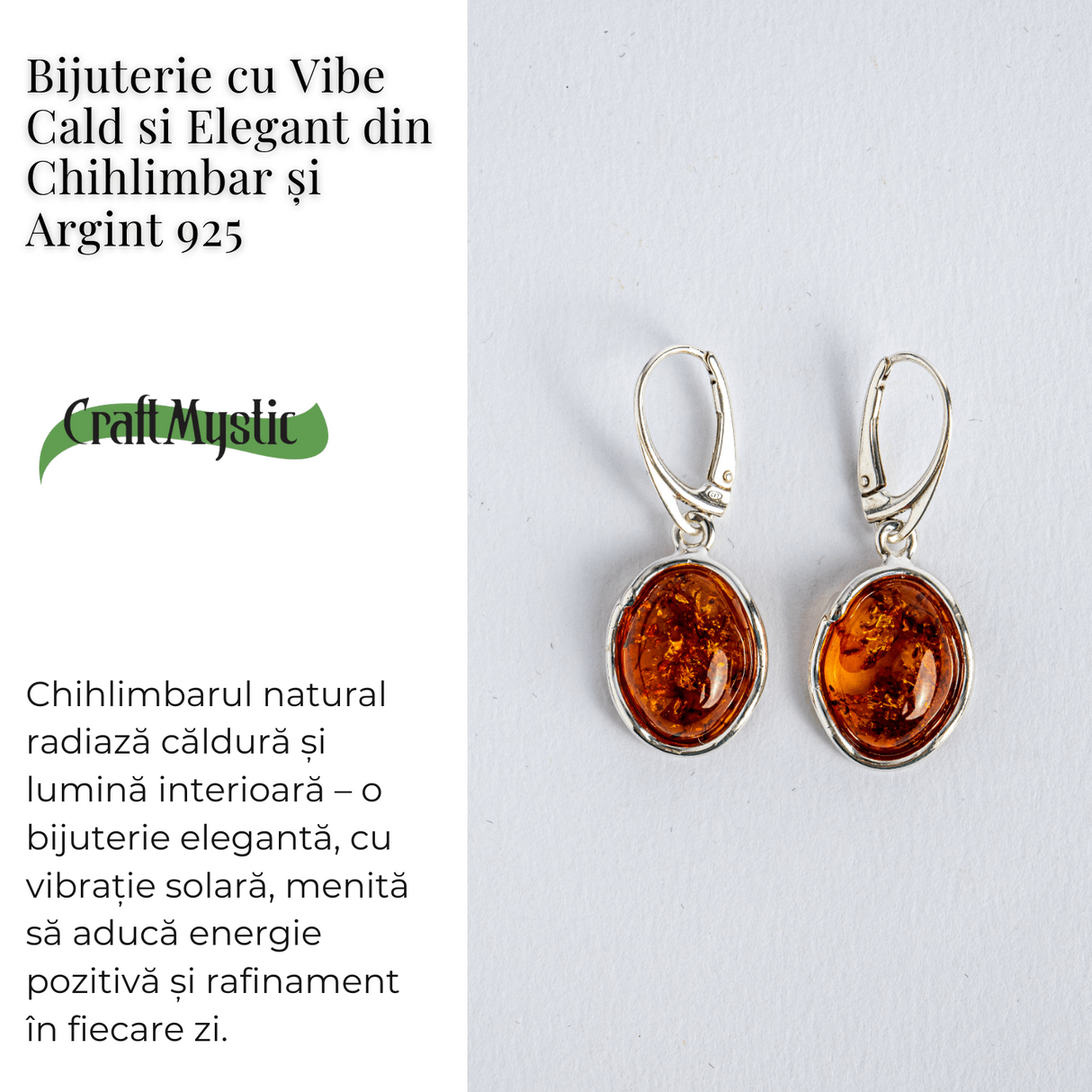 Piatra soarelui la urechea ta - Bijuterie Cercei cu vibe cald si elegant din chihlimbar si argint 925